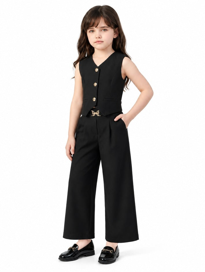Girls Black Waistcoat and Wide-Leg Pants Set