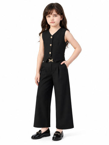 Girls Black Waistcoat and Wide-Leg Pants Set