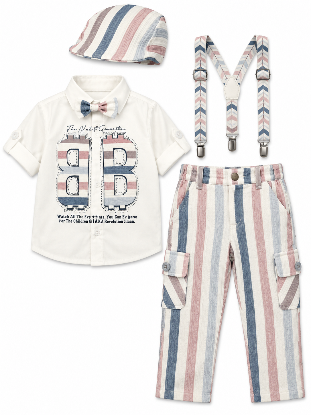 Boys Pink Striped Shirt, Cargo Pants and Cap Set