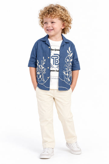 Boys Light Blue Floral Overshirt, Graphic T-shirt and Cream Pants Set (Shoes Not Included)