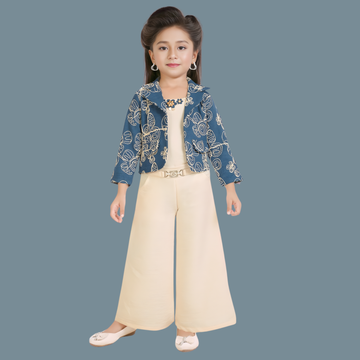 Blue Thread work Jacket Styled Palazzo Set For Girls