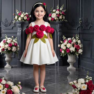 Girls White Party Wear Frock with 3D Rose Applique Detailing