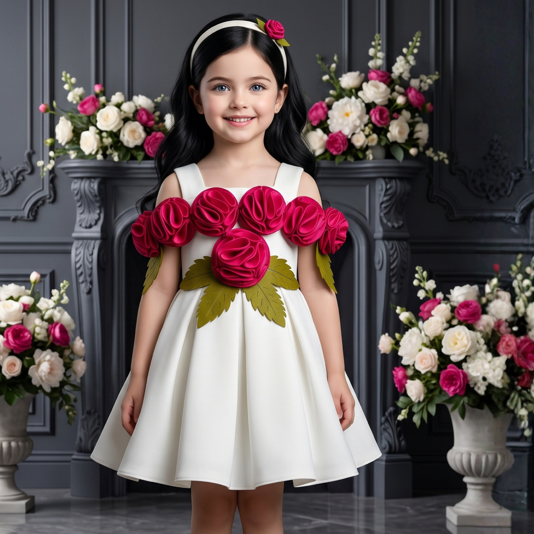 Girls White Party Wear Frock with 3D Rose Applique Detailing