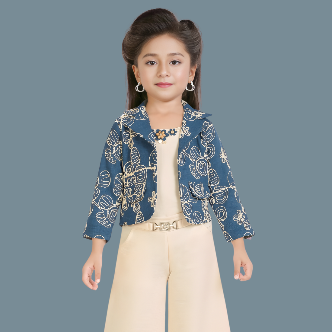 Blue Thread work Jacket Styled Palazzo Set For Girls