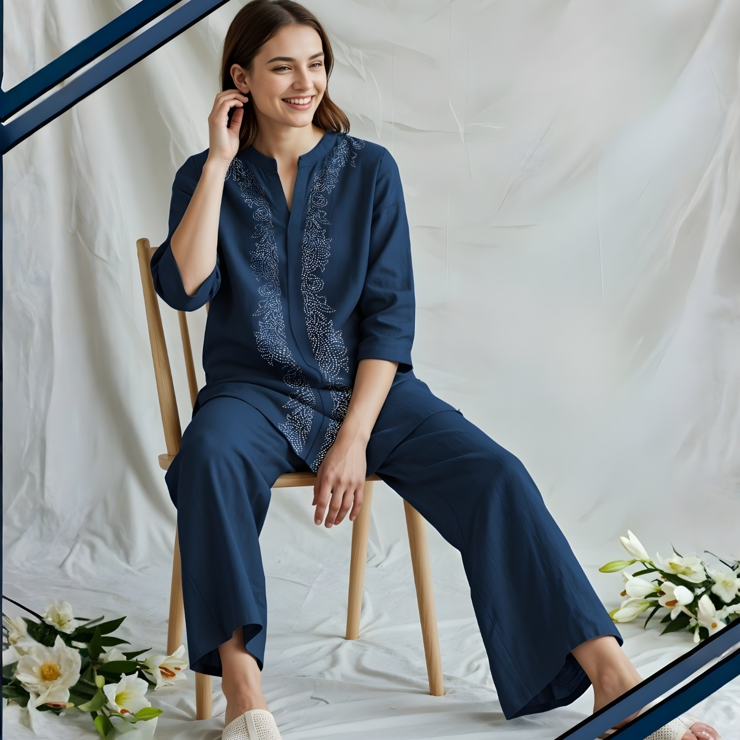 Blue Cotton Floral Print Straight Co-Ord Set