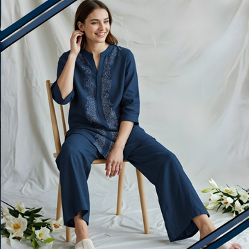 Blue Cotton Floral Print Straight Co-Ord Set