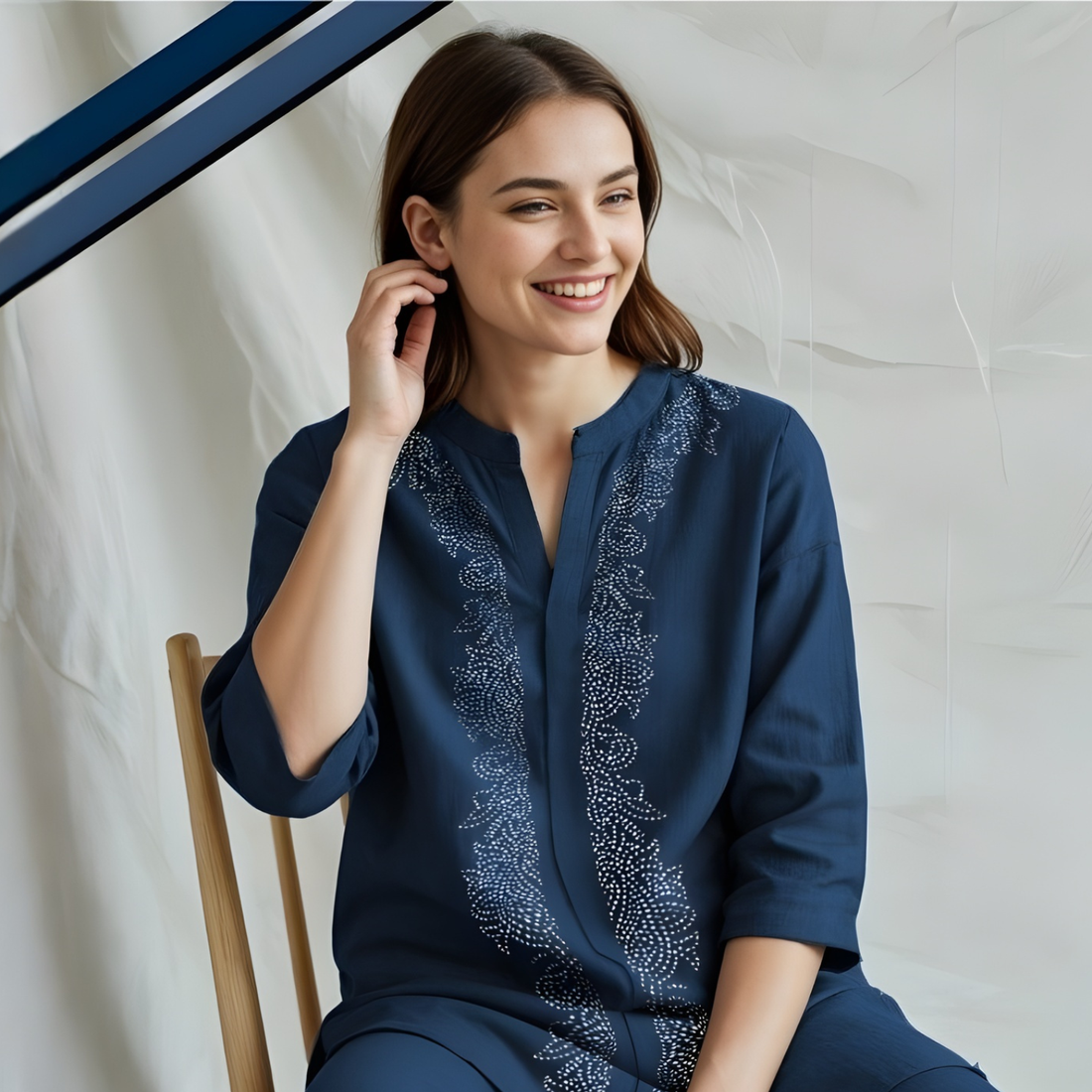 Blue Cotton Floral Print Straight Co-Ord Set