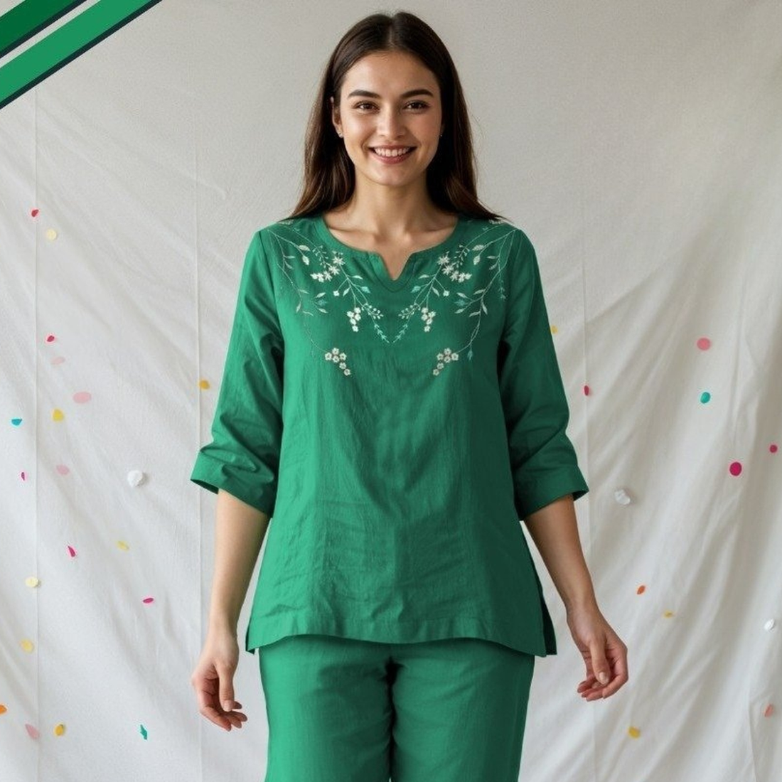 Green Women Pure Cotton Top & Pyjama Night Suit