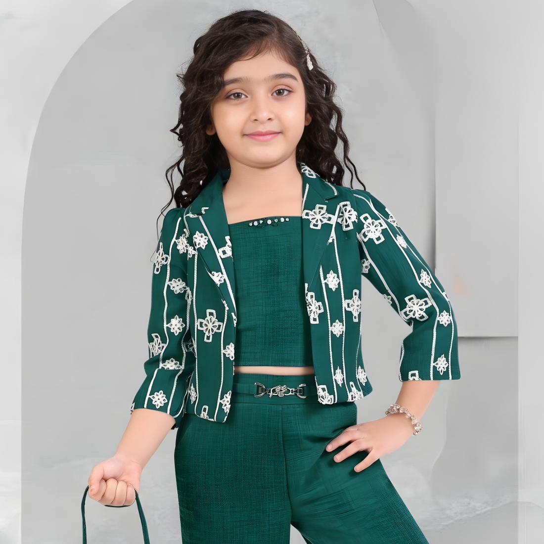 Girls Green Western Party Wear Top Palazzo Set