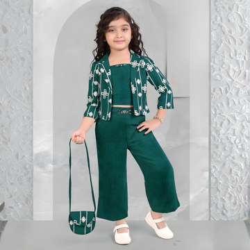 Girls Green Western Party Wear Top Palazzo Set