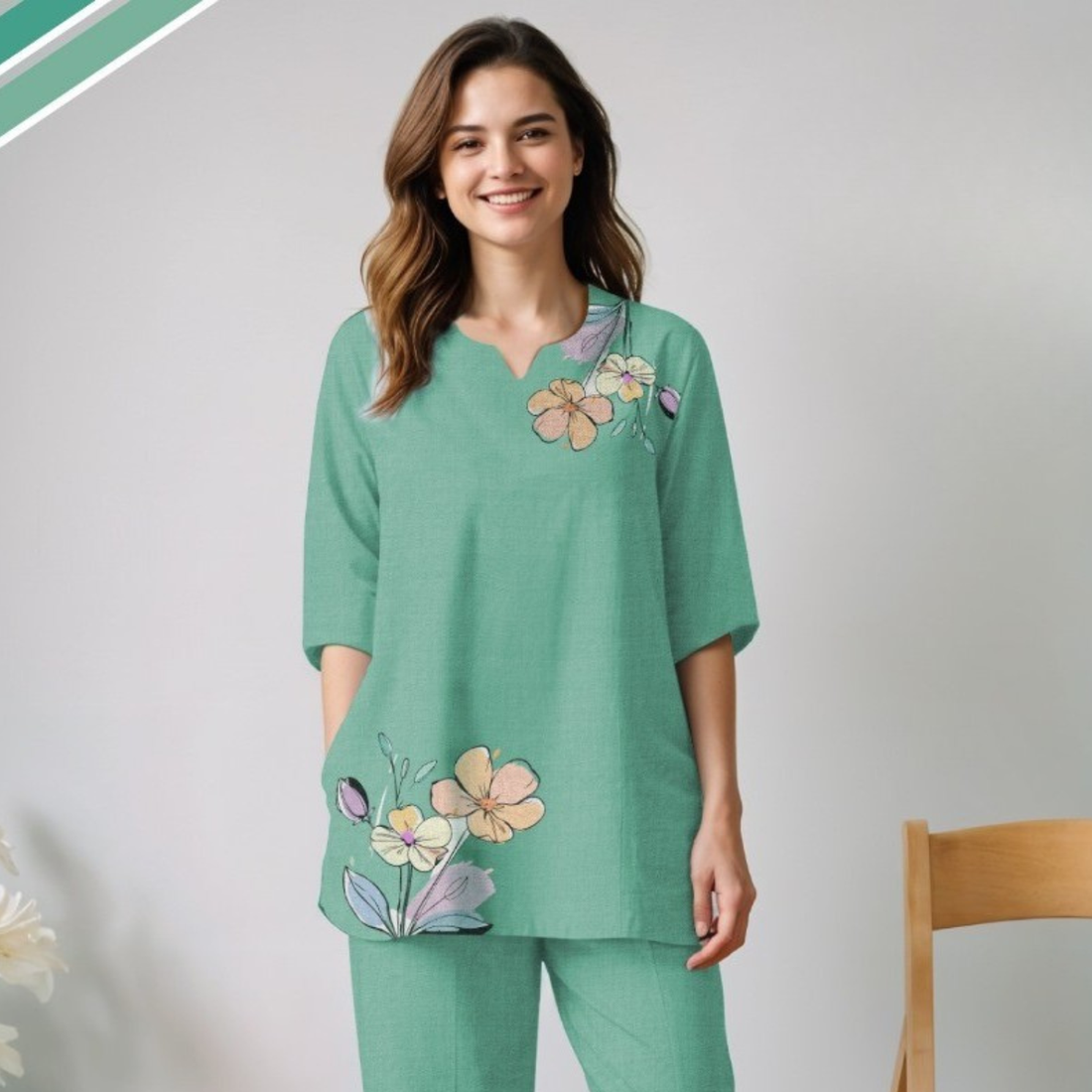 Green Stylish Floral Printed Night Suit Set