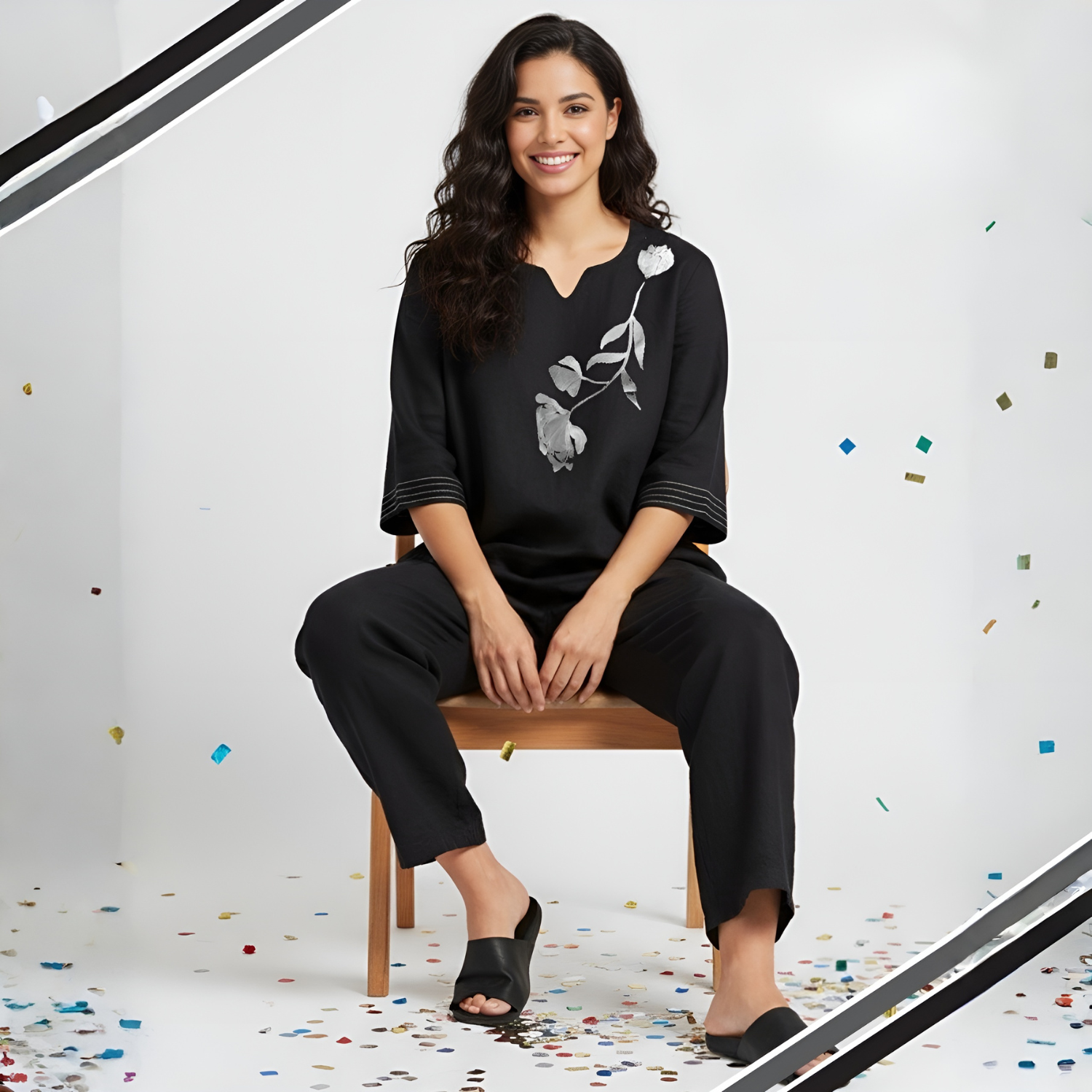 Ladies Black Stylish Floral Printed Night Suit Set