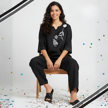 Ladies Black Stylish Floral Printed Night Suit Set