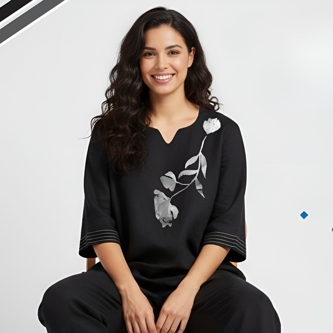 Ladies Black Stylish Floral Printed Night Suit Set