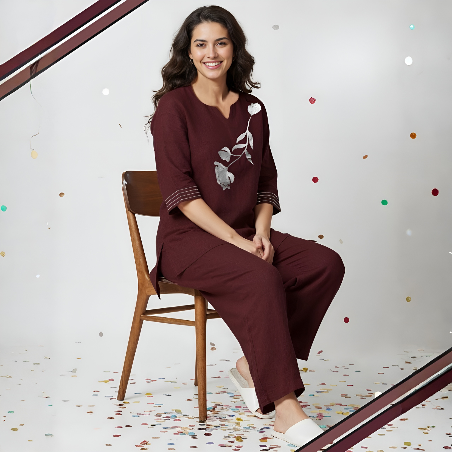 Ladies Maroon Stylish Floral Printed Night Suit Set