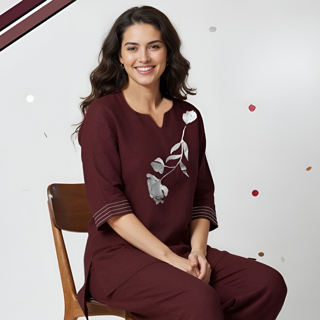 Ladies Maroon Stylish Floral Printed Night Suit Set