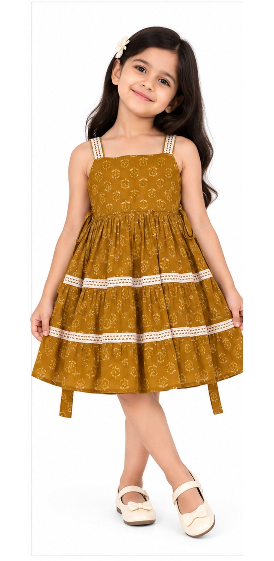 Girls mustard yellow printed cotton frock with lace detailing