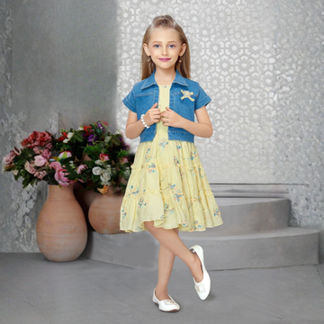 Yellow Floral Printed Frock With Denim Overcoat For Girls