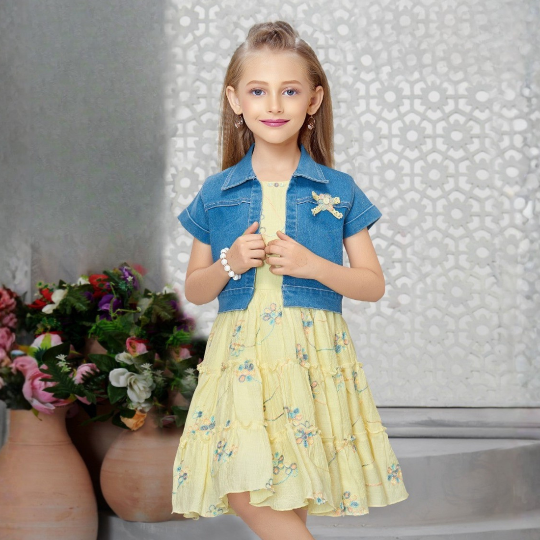 Yellow Floral Printed Frock With Denim Overcoat For Girls