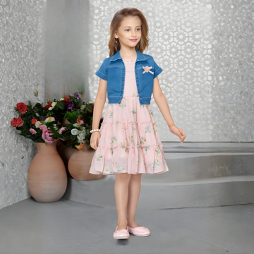 Pink Floral Printed Frock With Denim Overcoat For Girls