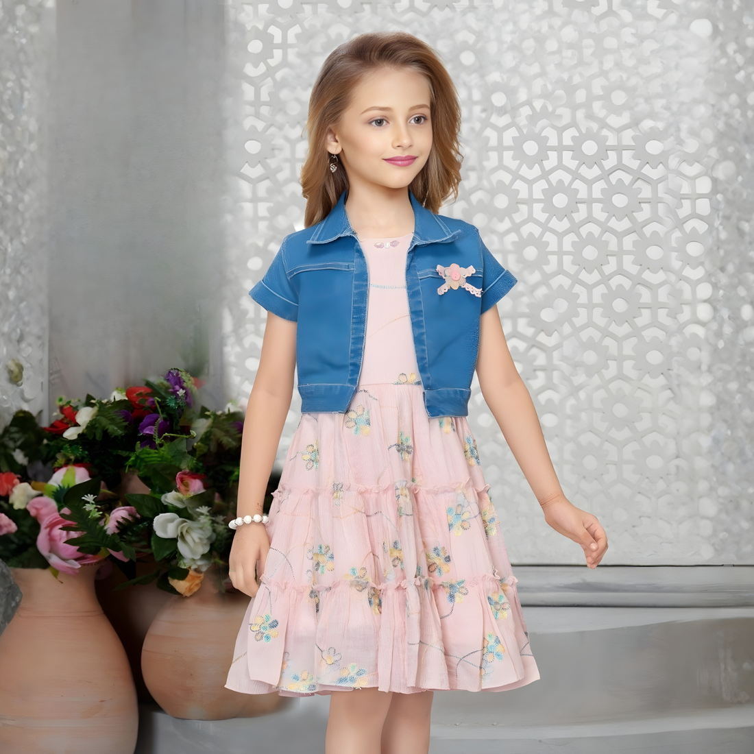 Pink Floral Printed Frock With Denim Overcoat For Girls
