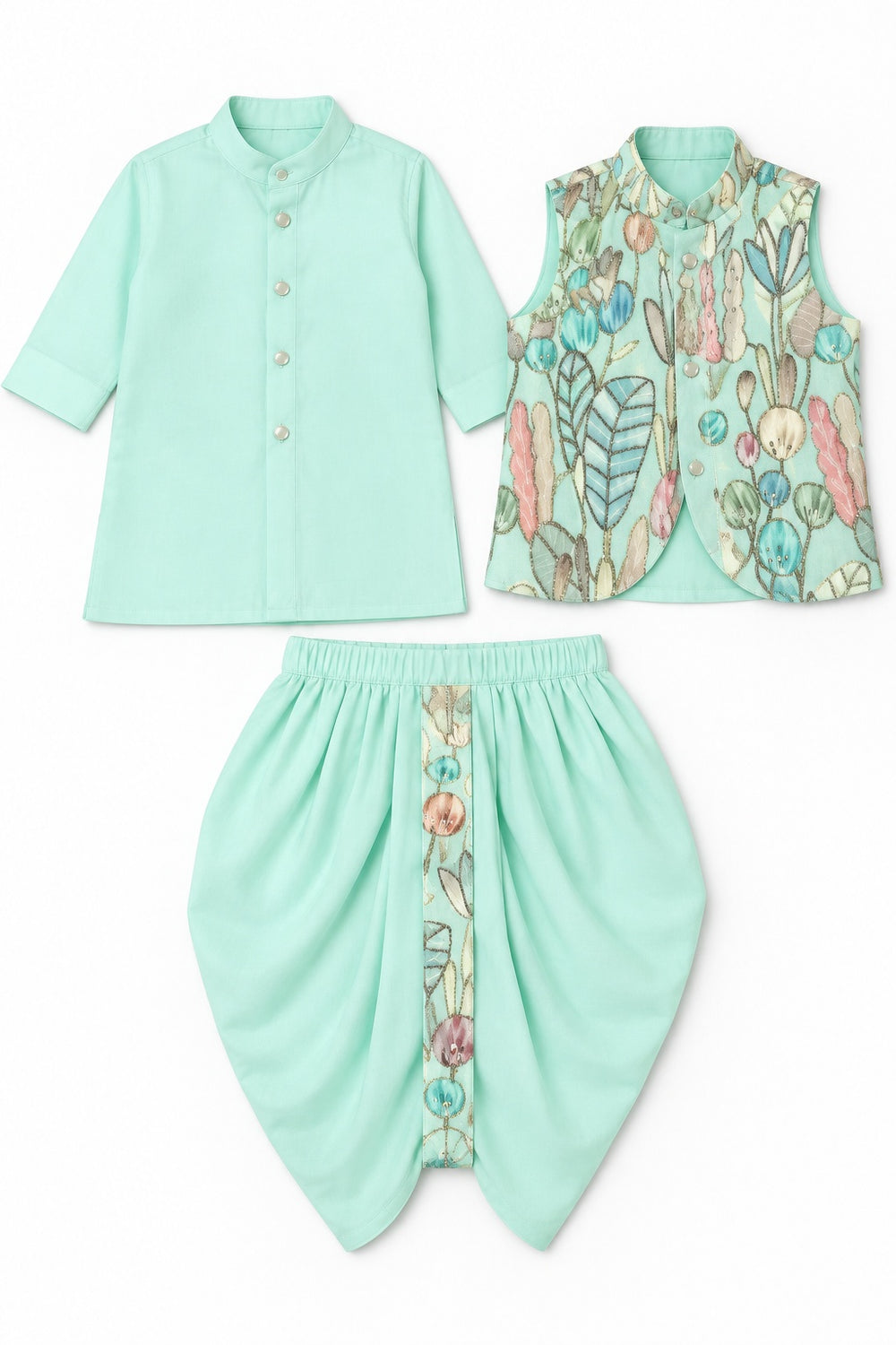 Boys Green Kurta, Dhoti and Floral Jacket Set (Shoes Not Included)