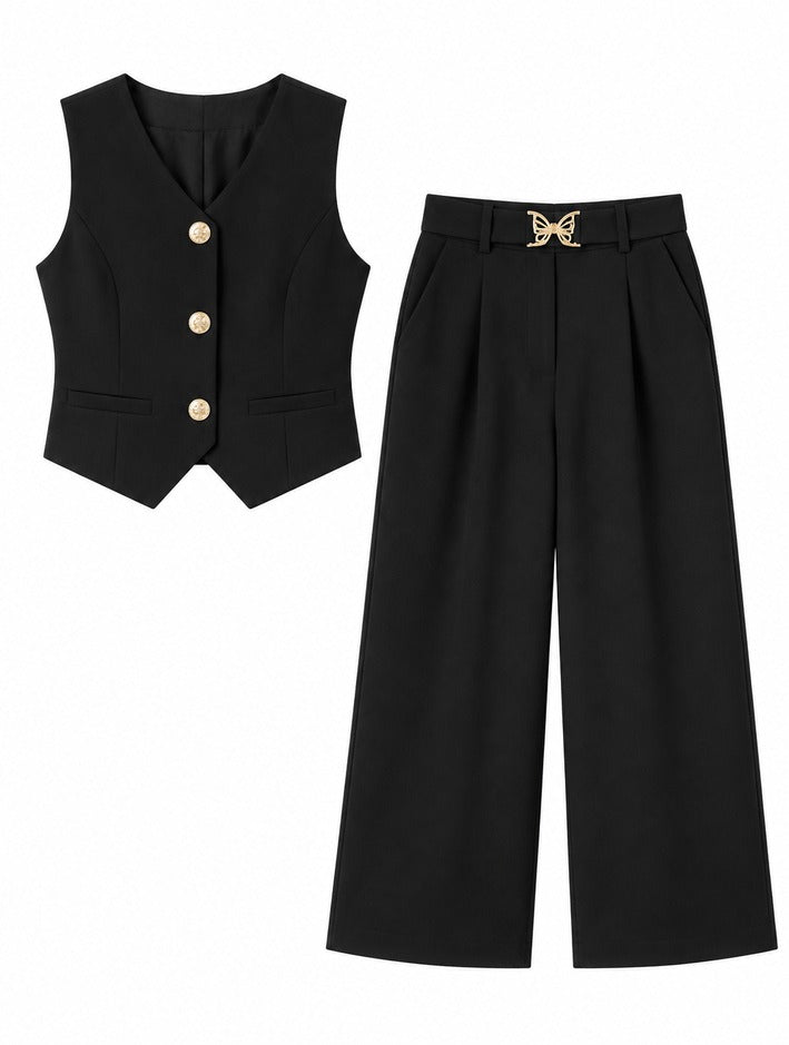 Girls Black Waistcoat and Wide-Leg Pants Set