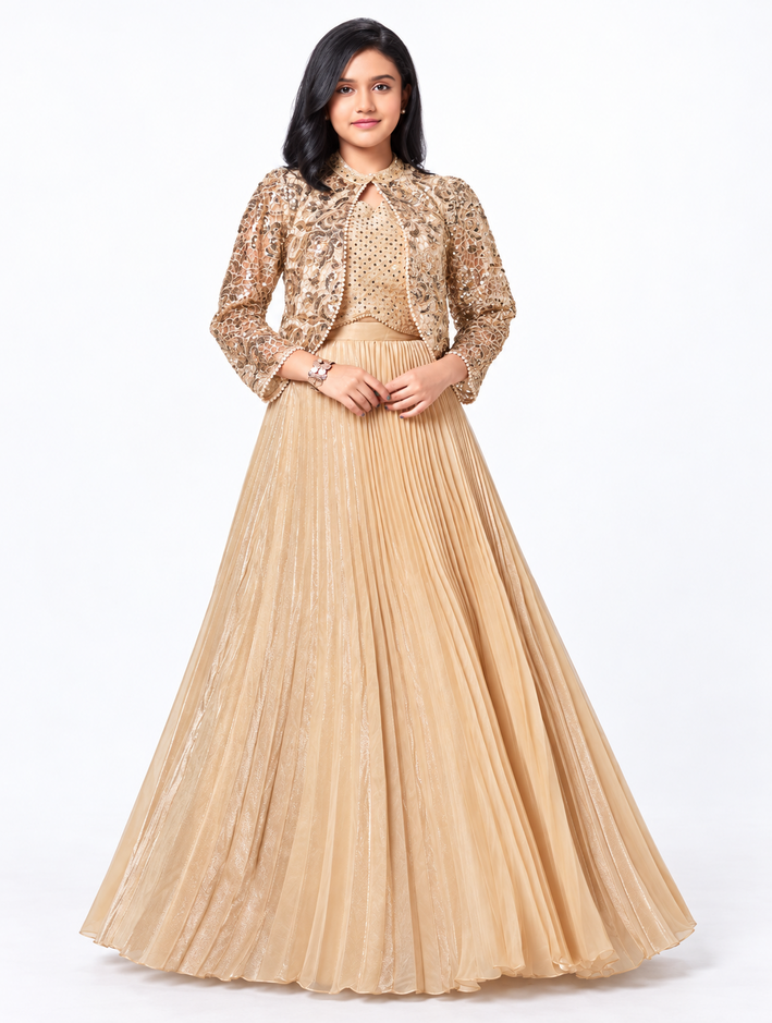 Girls Fawn Lehenga Choli with Jacket
