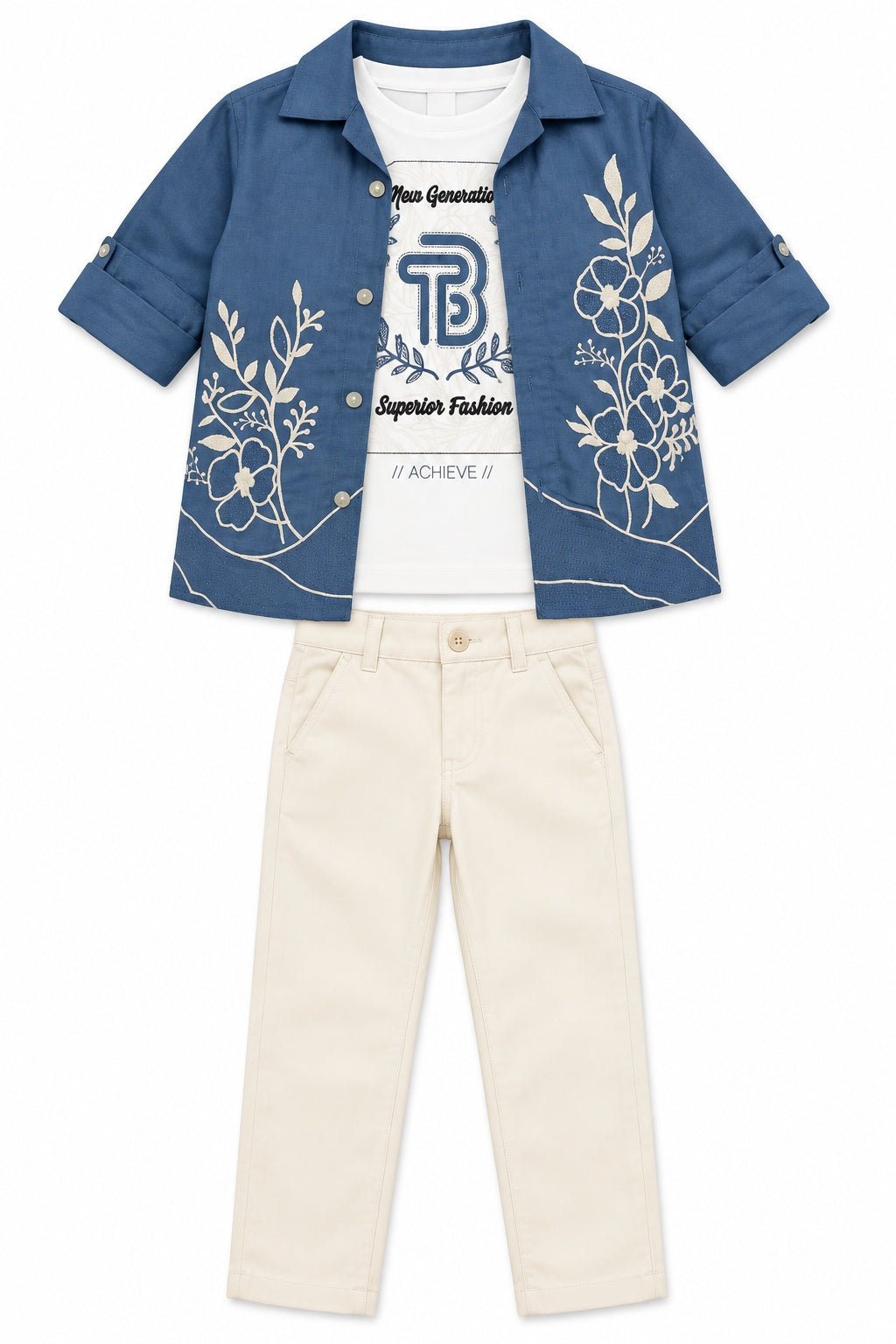 Boys Light Blue Floral Overshirt, Graphic T-shirt and Cream Pants Set (Shoes Not Included)