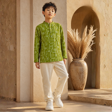 Boys Green Printed Band Collar Full Sleeve Shirt