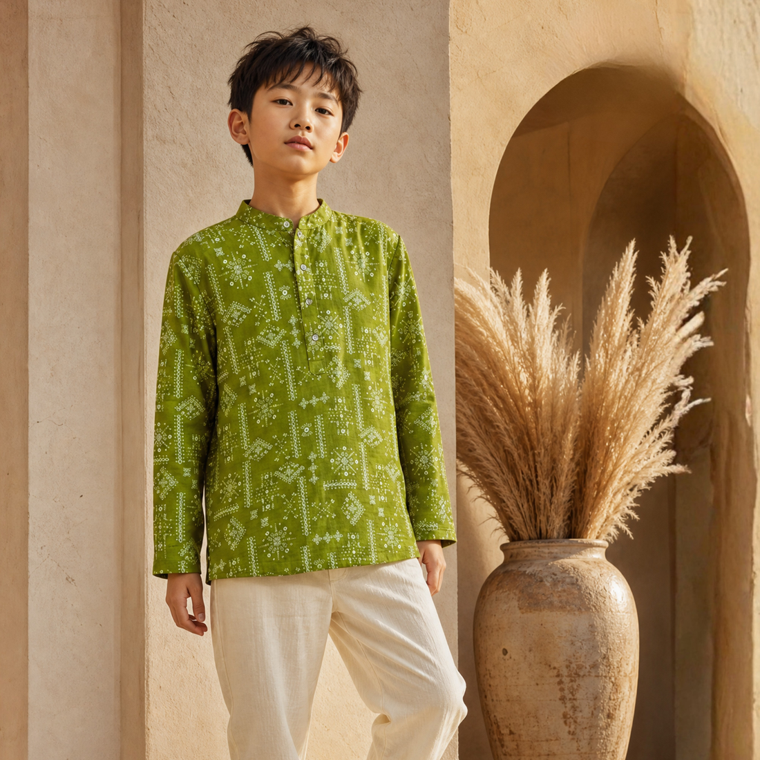 Boys Green Printed Band Collar Full Sleeve Shirt
