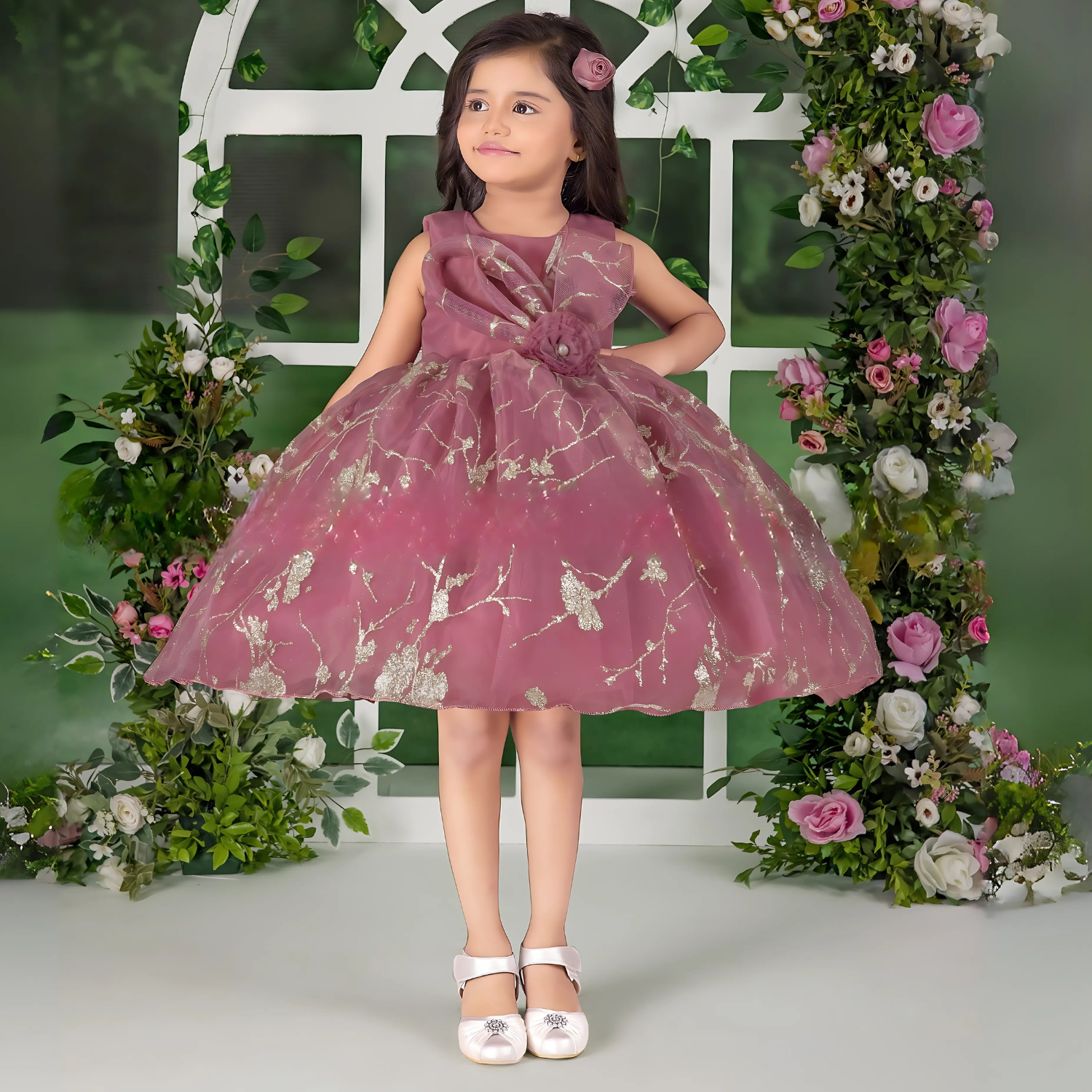 Girls Frock With Bow Embellished And Shimmer Printed