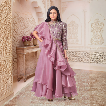 Purple Ruffle Layered Lehenga Choli with Embroidered Ruffled Dupatta For Girls