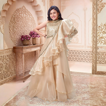 Fawn Ruffle Layered Lehenga Choli with Embroidered Ruffled Dupatta For Girls