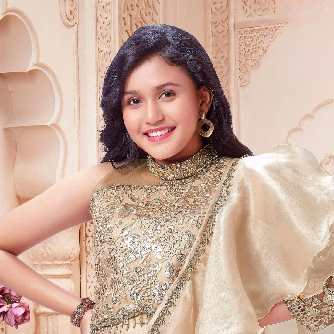 Fawn Ruffle Layered Lehenga Choli with Embroidered Ruffled Dupatta
