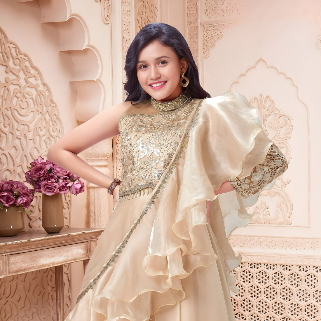 Fawn Ruffle Layered Lehenga Choli with Embroidered Ruffled Dupatta For Girls