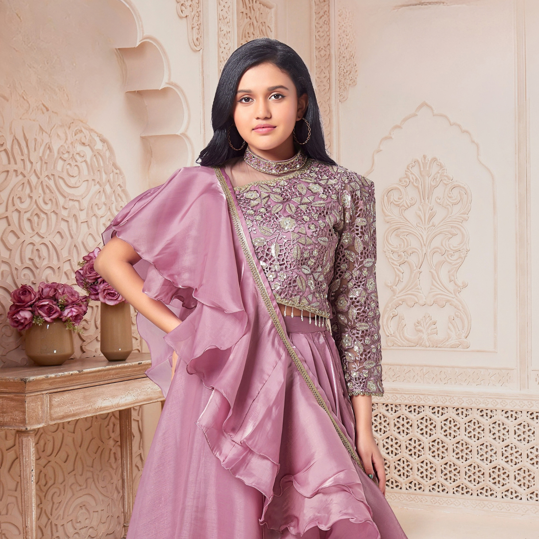 Purple Ruffle Layered Lehenga Choli with Embroidered Ruffled Dupatta
