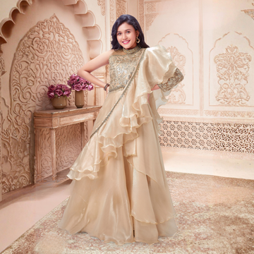 Fawn Ruffle Layered Lehenga Choli with Embroidered Ruffled Dupatta