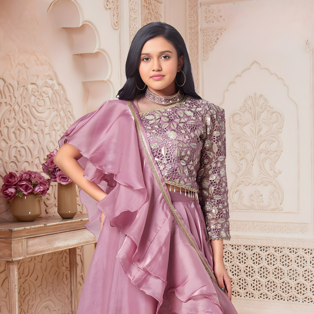 Purple Ruffle Layered Lehenga Choli with Embroidered Ruffled Dupatta For Girls