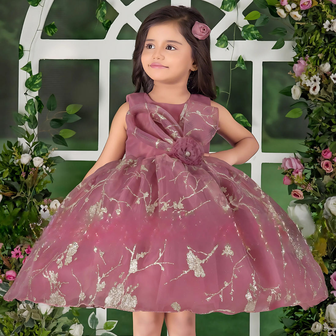 Girls Frock With Bow Embellished And Shimmer Printed