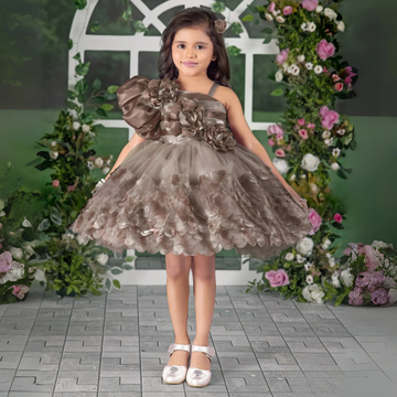 Satin Partywear Frock With Flower Embellishment For Girls