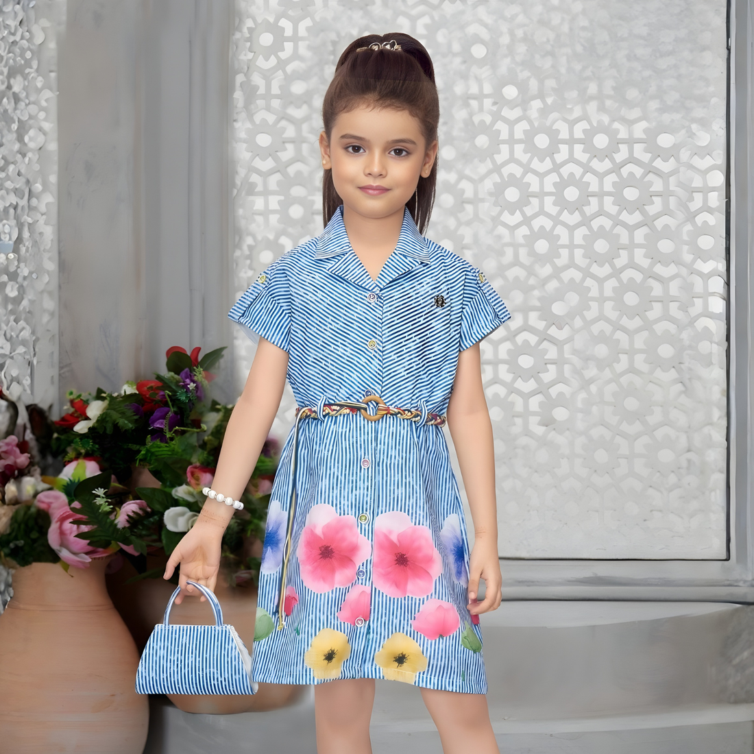 Girls Floral Printed Frock With Belt