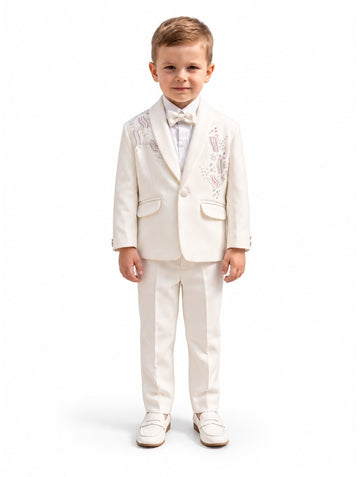 Boys Cream Embroidered Coat Suit with Bow Tie