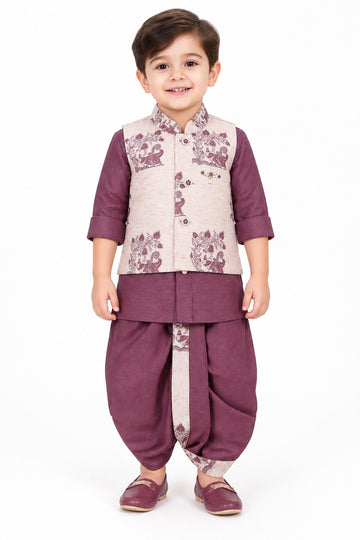 Boys Purple Kurta, Dhoti and Printed Jacket Set (Shoes Not Included)