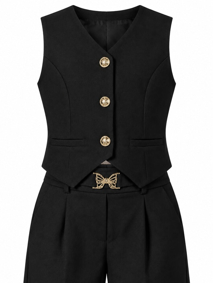 Girls Black Waistcoat and Wide-Leg Pants Set