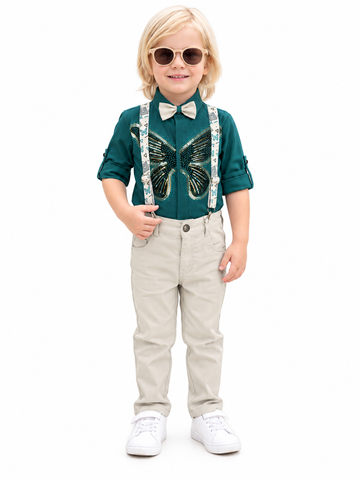 Boys Green Butterfly Sequin Shirt, Suspenders and Chinos Set