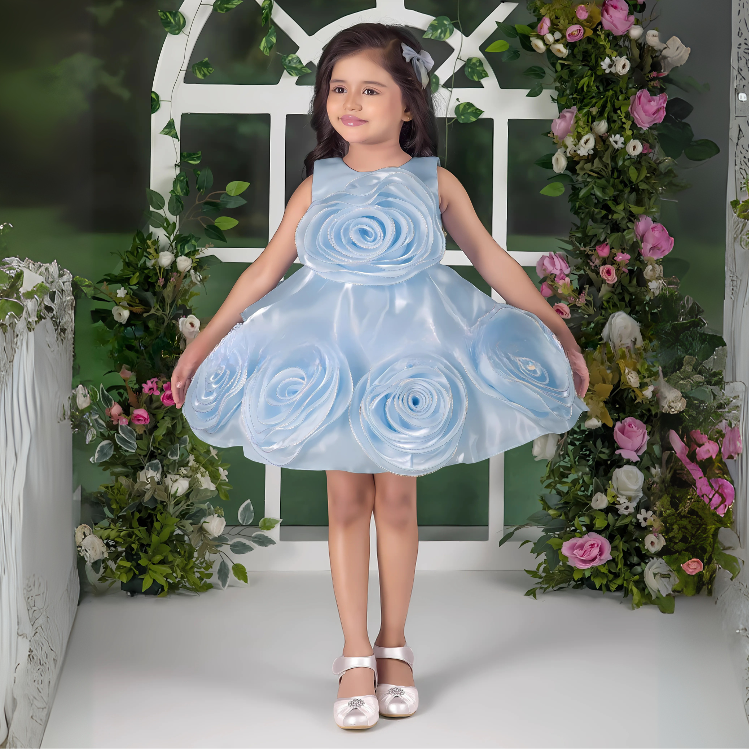 Organza Party Frock With Floral Appliqué for Girls