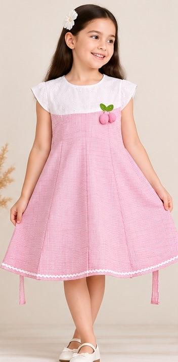 Girls pink embroidered cotton frock with bow detail
