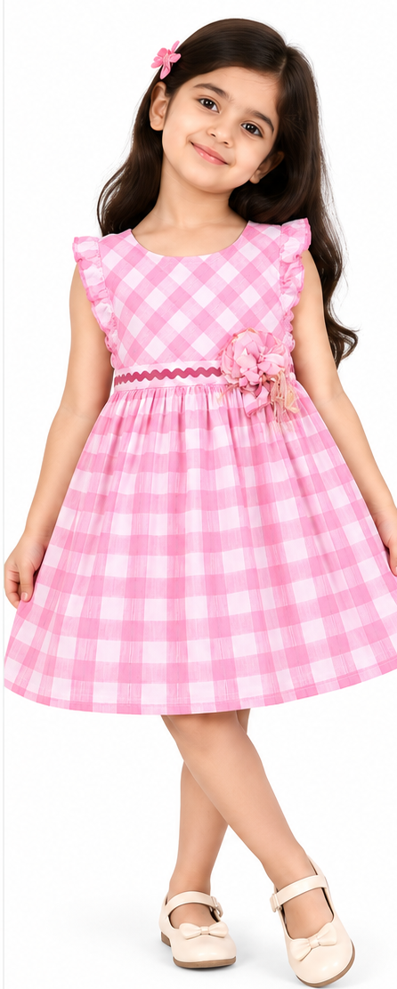 Girls pink checkered cotton frock with bow detail