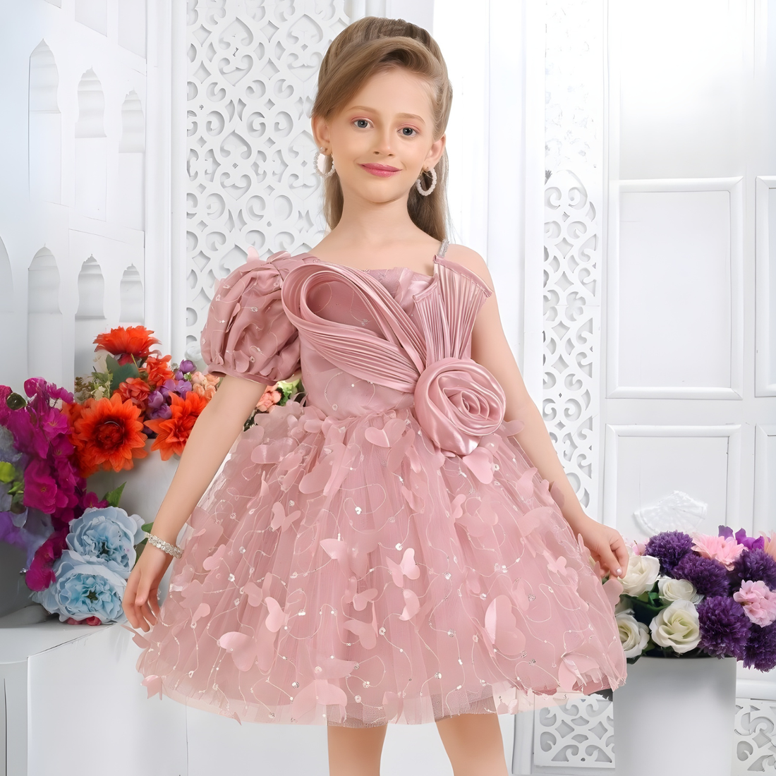 Pink One-Shoulder Glitter Frock